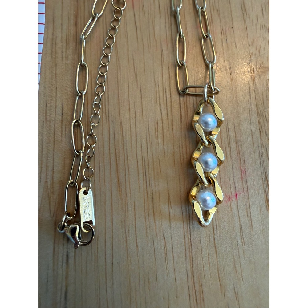 Gold Tone Stainless Steel Paperclip Chain Faux Pearl Drop Necklace 17.5 Inch